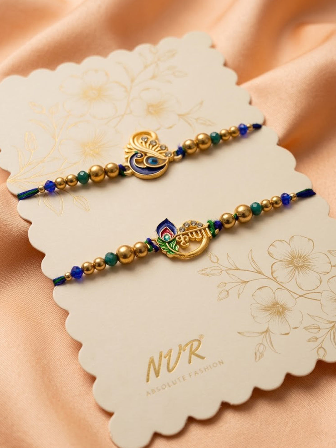 NVR Set of 2 Krishna & Peacock Design Artificial Beads Thread Rakhi With Roli Chawal - Dista