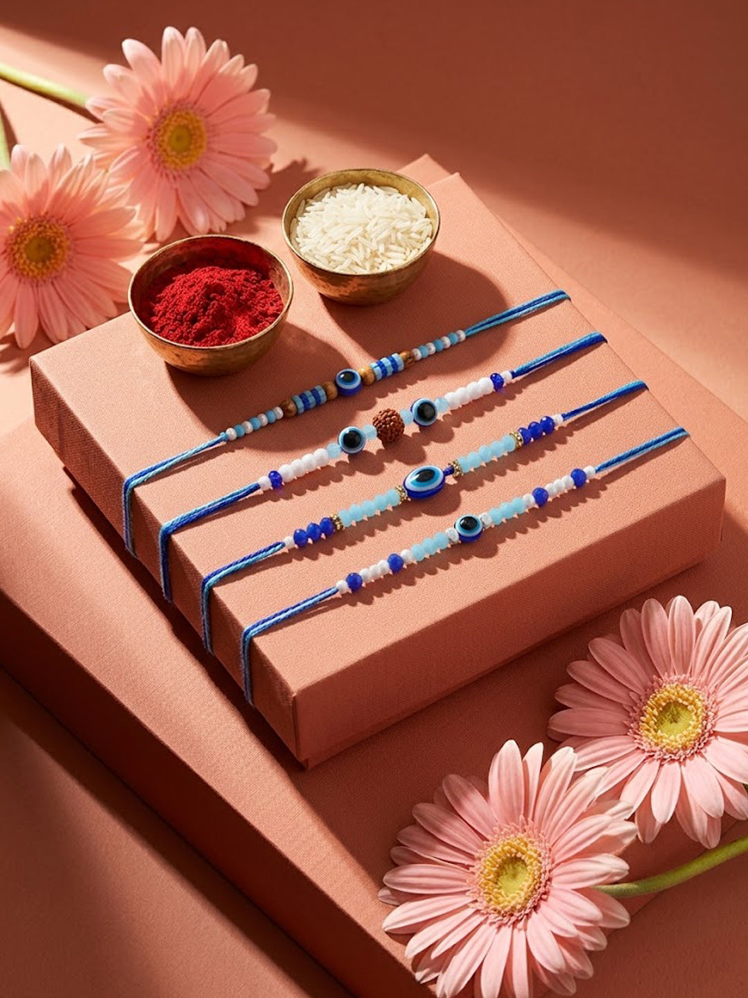NVR Set of 4 Blue Evil Eye Thread Rakhi with Roli Chawal Chandan Mishri - Dista