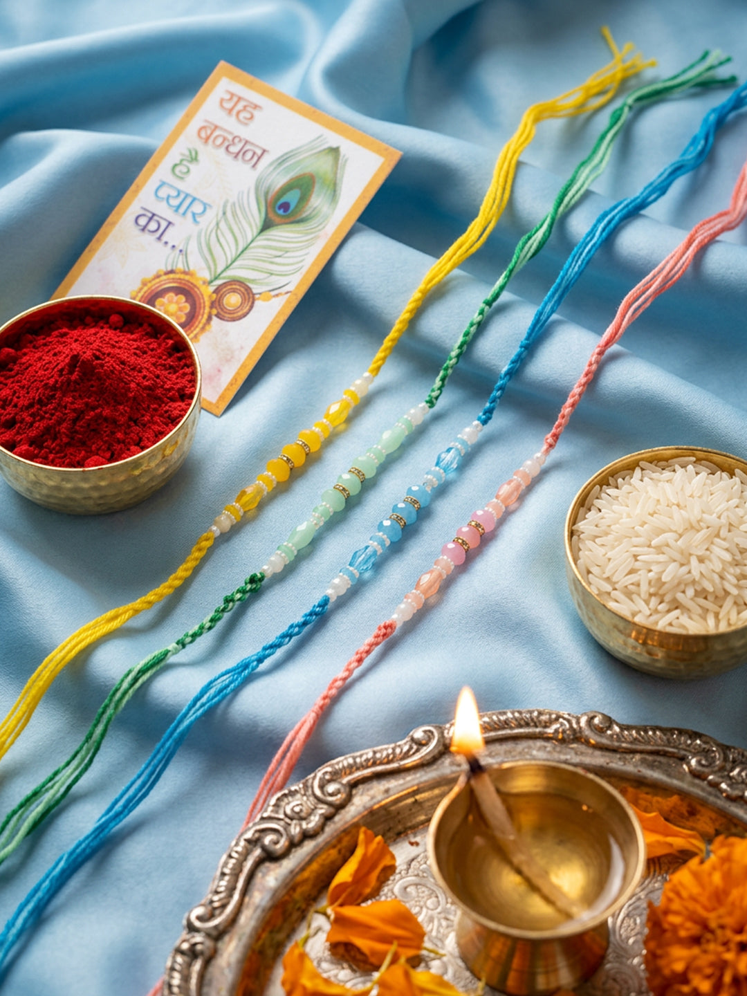 NVR Set of 4 Multicolor Artificial Beads Thread Rakhi with Roli Chawal Chandan Mishri - Dista