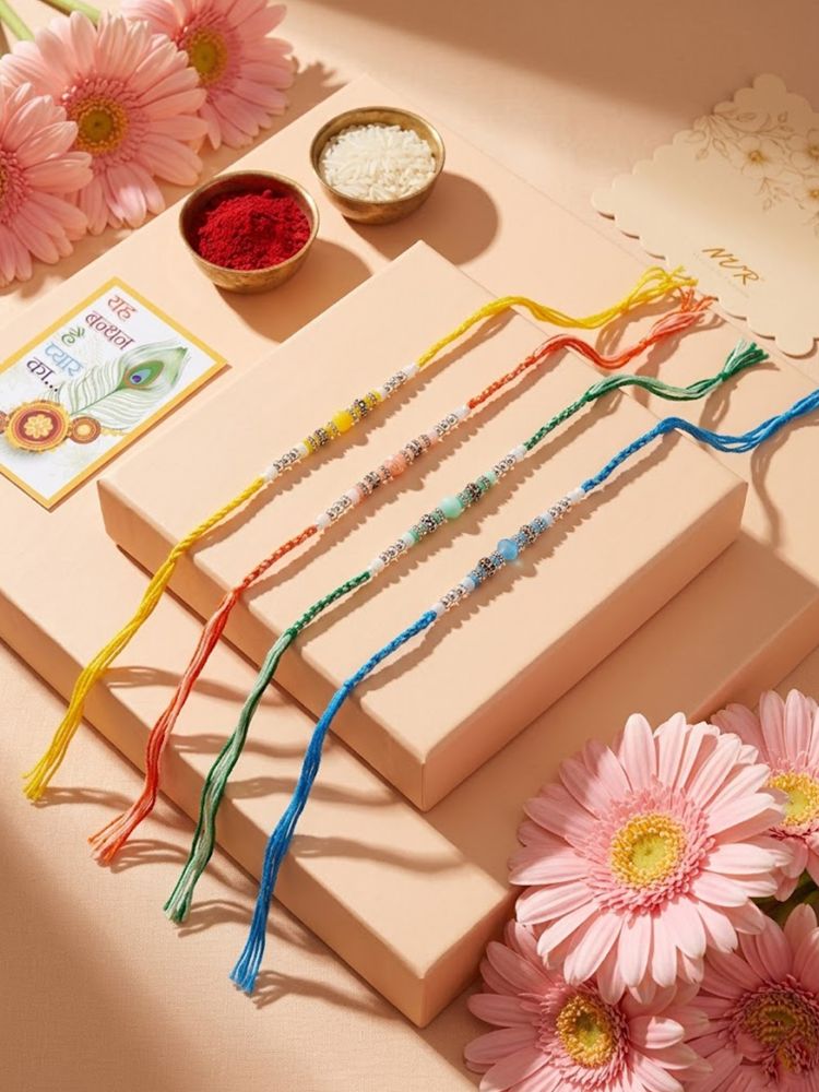 NVR Set of 4 Multicolor Artificial Beads Thread Rakhi with Roli Chawal Chandan Mishri - Dista