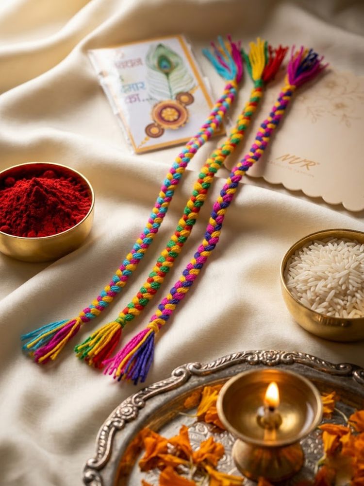 NVR Set of 3 Multicolor Thread Rakhi with Roli Chawal Chandan Mishri - Dista