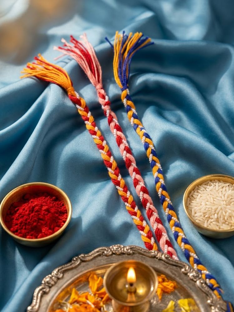 NVR Set of 3 Multicolor Thread Rakhi with Roli Chawal Chandan Mishri - Dista