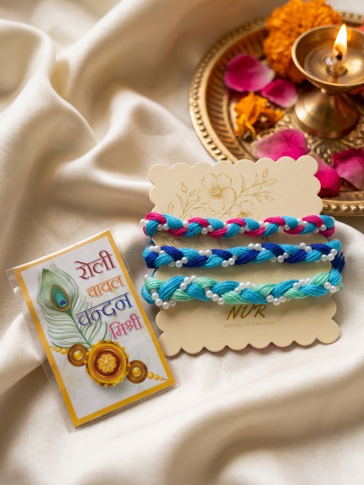 NVR Set of 3 Multicolor Thread Rakhi with Roli Chawal Chandan Mishri - Dista