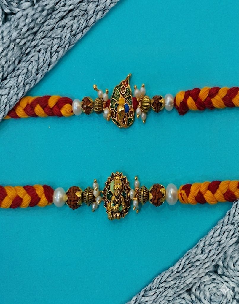 NVR Set of 2 Pearls Religious Thread Rakhi with Roli Chawal Chandan Mishri - Dista