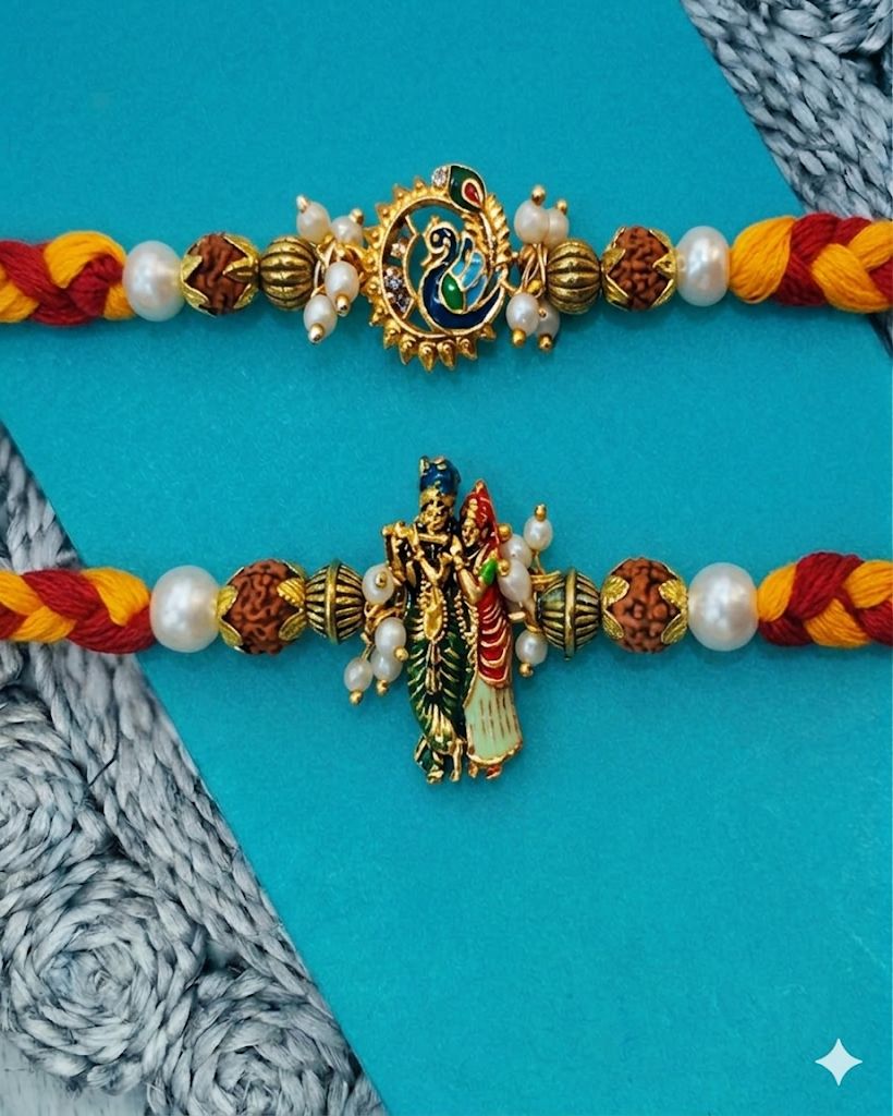 NVR Set of 2 Religious Thread Pearls Rakhi with Roli Chawal Chandan Mishri - Dista