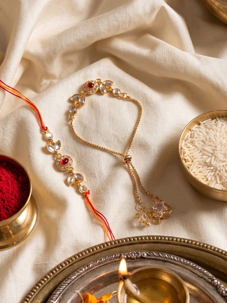NVR Set of 2 Kundan Studded Gold Toned Bhaiya Bhabhi Rakhi with Roli Chawal Chandan Mishri - Dista