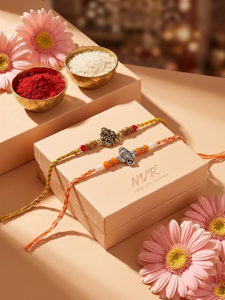 NVR Set of 2 Multicolor Religious Thread Rakhi with Roli Chawal Chandan Mishri - Dista
