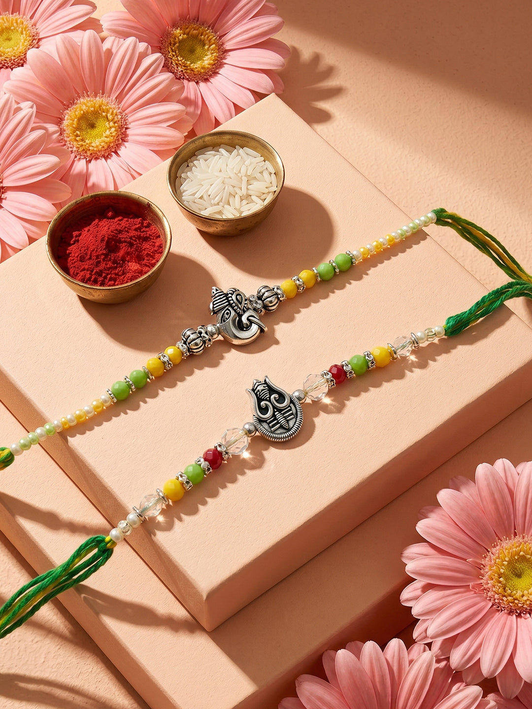 NVR Set of 2 Multicolor Religious Thread Rakhi with Roli Chawal Chandan Mishri - Dista