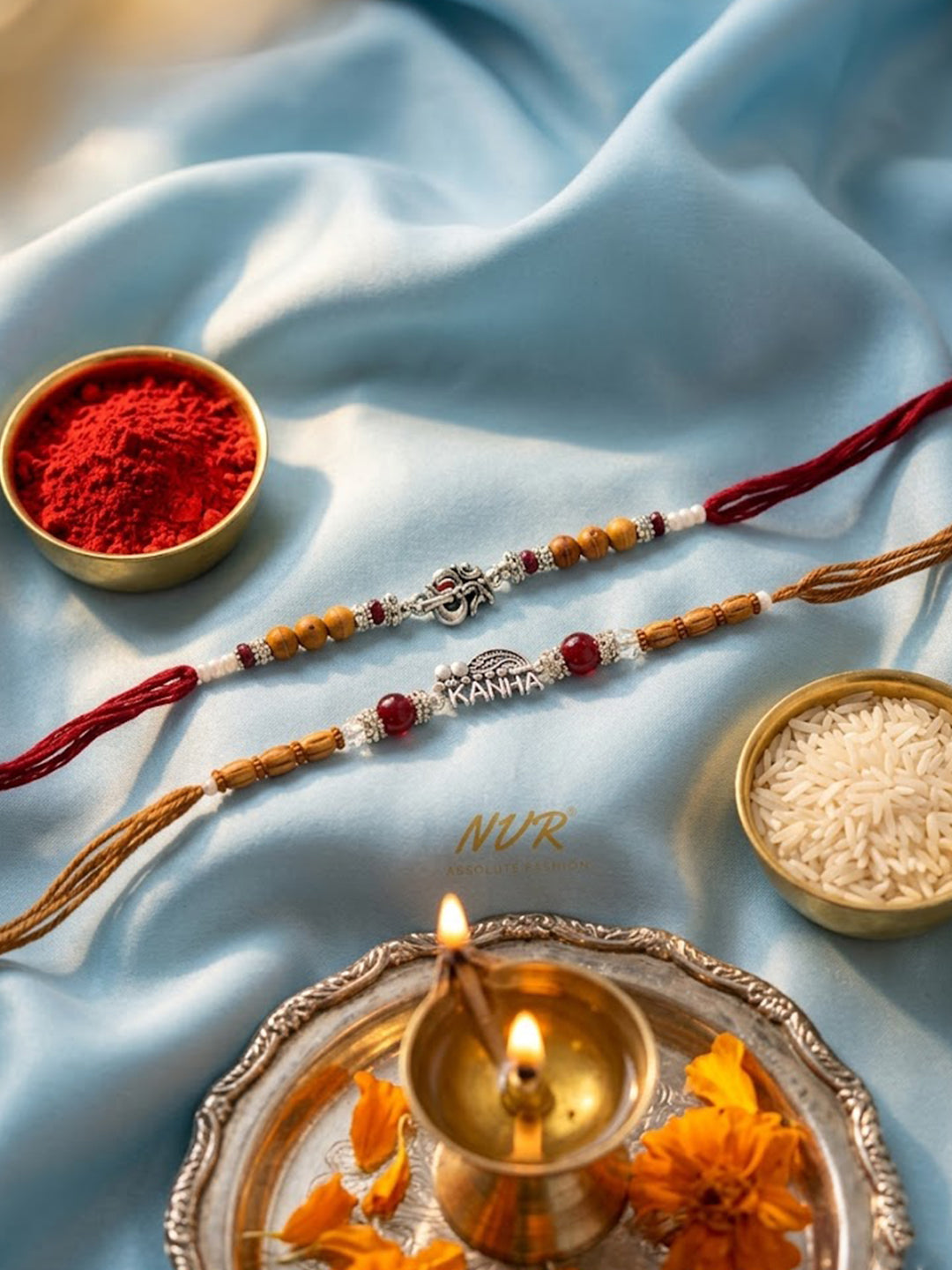 NVR Set of 2 Silver Toned Religious Rakhi Thread Rakhi Roli Chawal Chandan Mishri - Dista