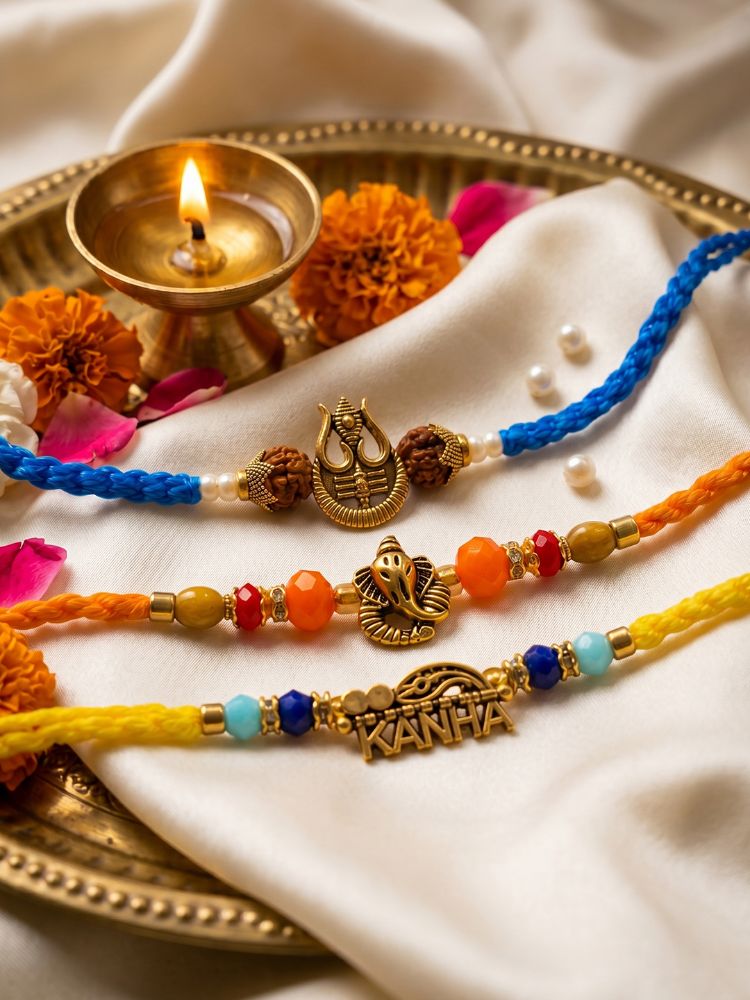 NVR Set of 3 Rudraksh Religious Rakhi Thread Rakhi Roli Chawal Chandan Mishri - Dista