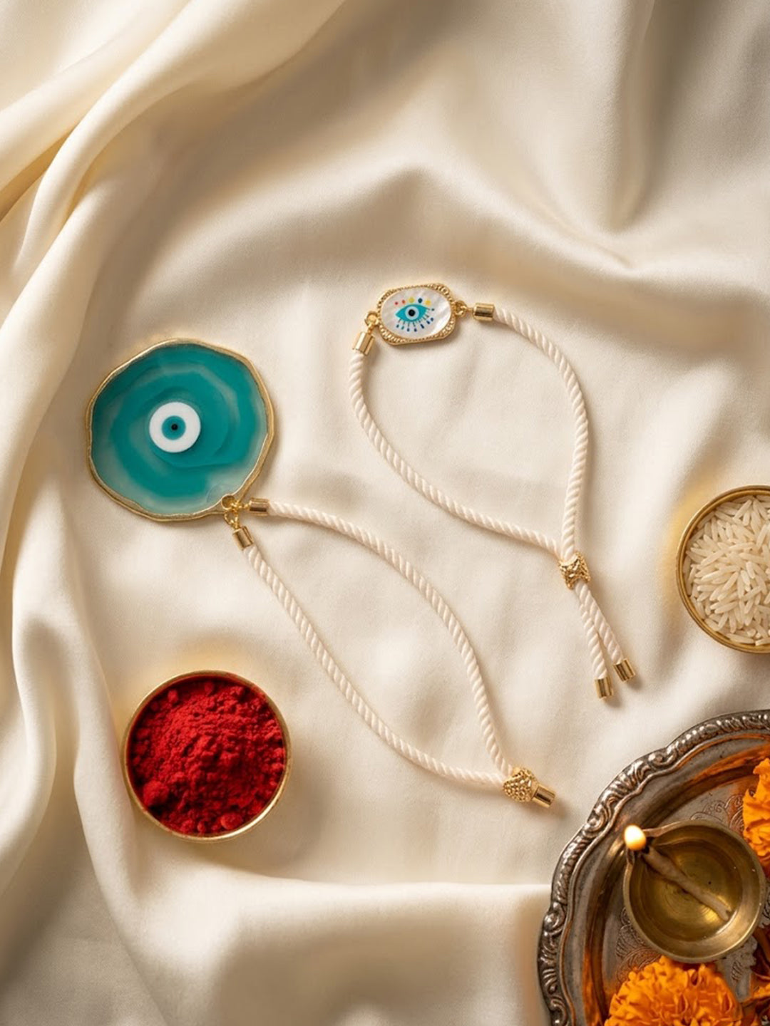NVR Set of 2 Evil Eye Design Bhaiya Bhabhi Wraparound Rakhi with Roli Chawal Chandan - Dista