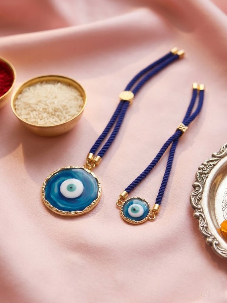 NVR Set of 2 Blue Evil Eye Design Bhaiya Bhabhi Wraparound Rakhi with Roli Chawal Chandan - Dista