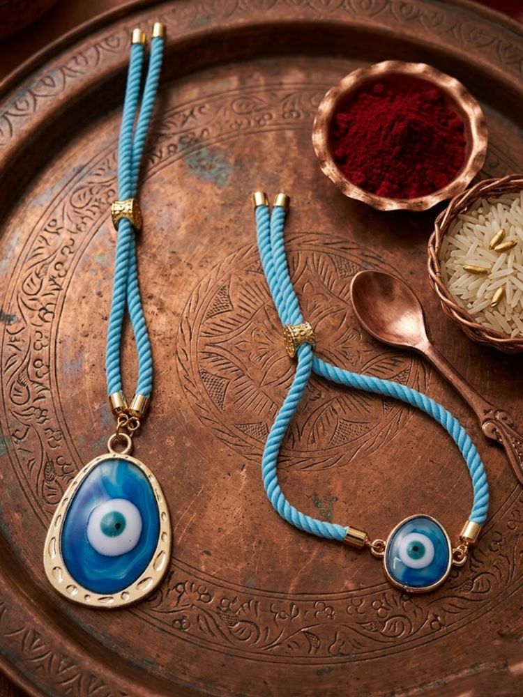 NVR Set of 2 Blue Evil Eye Bhaiya Bhabhi Wraparound Rakhi with Roli Chawal Chandan Mishri - Dista