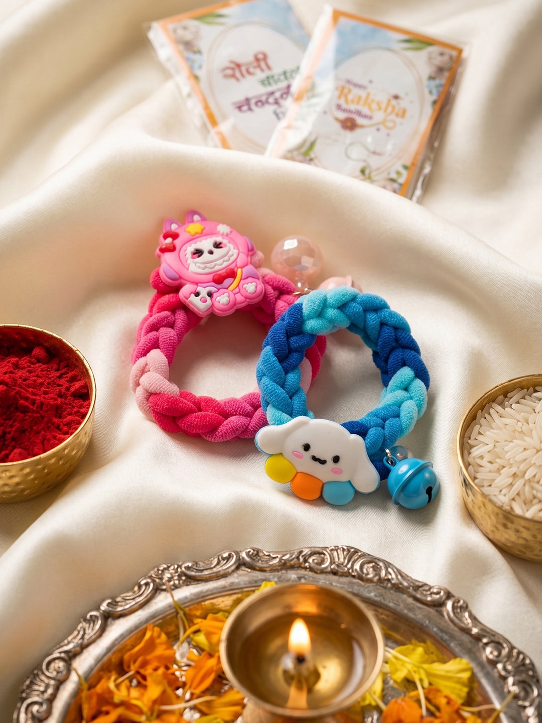 NVR Set of 2 Blue & Pink Kids Rakhi with Roli Chawal Chandan Mishri - Dista