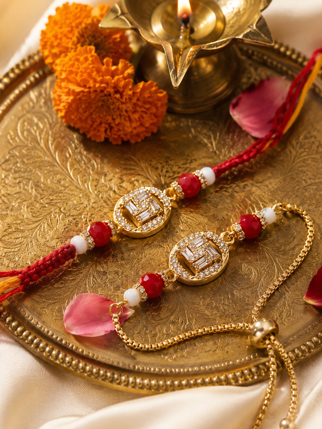 NVR Set of 2 Artificial Stones & Beads Swastik Bhaiya Bhabhi Rakhi With Roli Chawal - Dista