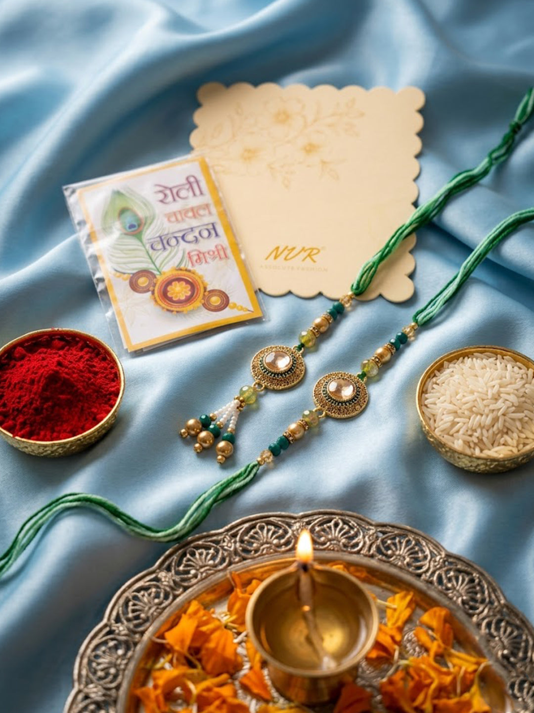 NVR Set of 2 AD Drawstring Bhaiya Bhabhi Rakhi With Roli Chawal Chandan Mishri - Dista