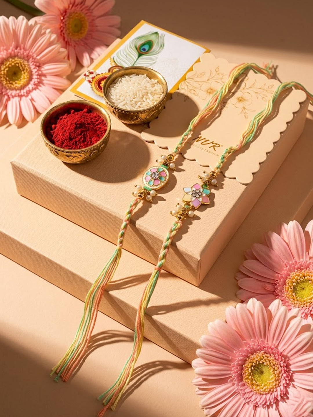NVR Set of 2 Meenakari Floral Thread Rakhi with Roli Chawal Chandan Mishri - Dista