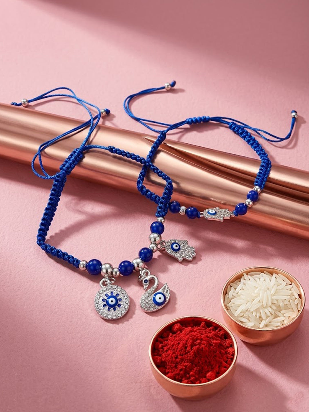 NVR Set of 2 Blue & Silver Evil Eye Design Bhaiya Bhabhi Rakhi with Roli Chawal Chandan - Dista