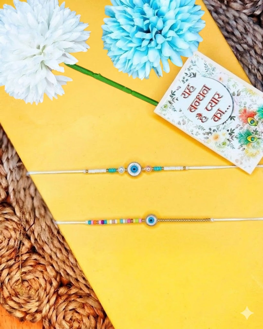 NVR Set of 2 Blue Evil Eye Thread Rakhi with Roli Chawal Chandan Mishri - Dista