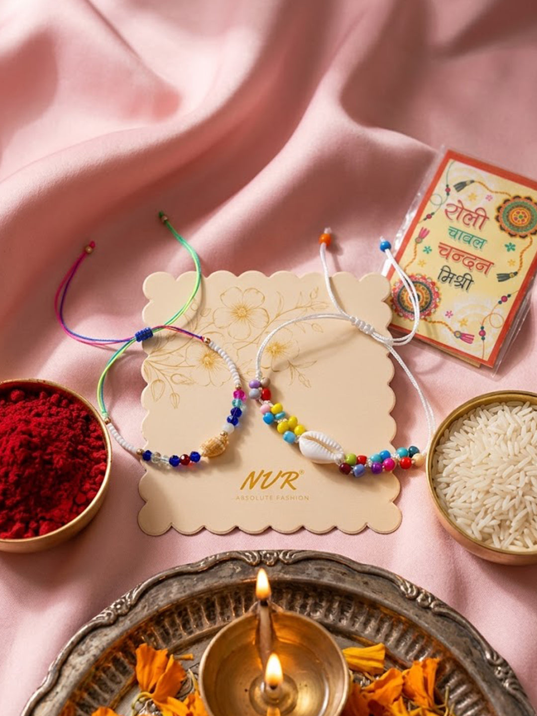 NVR Set of 2 Artificial Beads Thread Rakhi With Roli Chawal Chandan Mishri - Dista