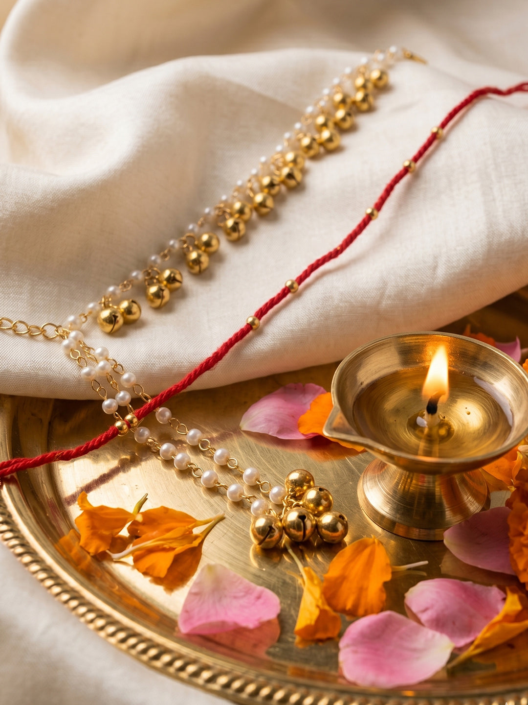 NVR Set of 2 Pearls Gold Toned Bhaiya Bhabhi Rakhi With Roli Chawal Chandan Mishri - Dista