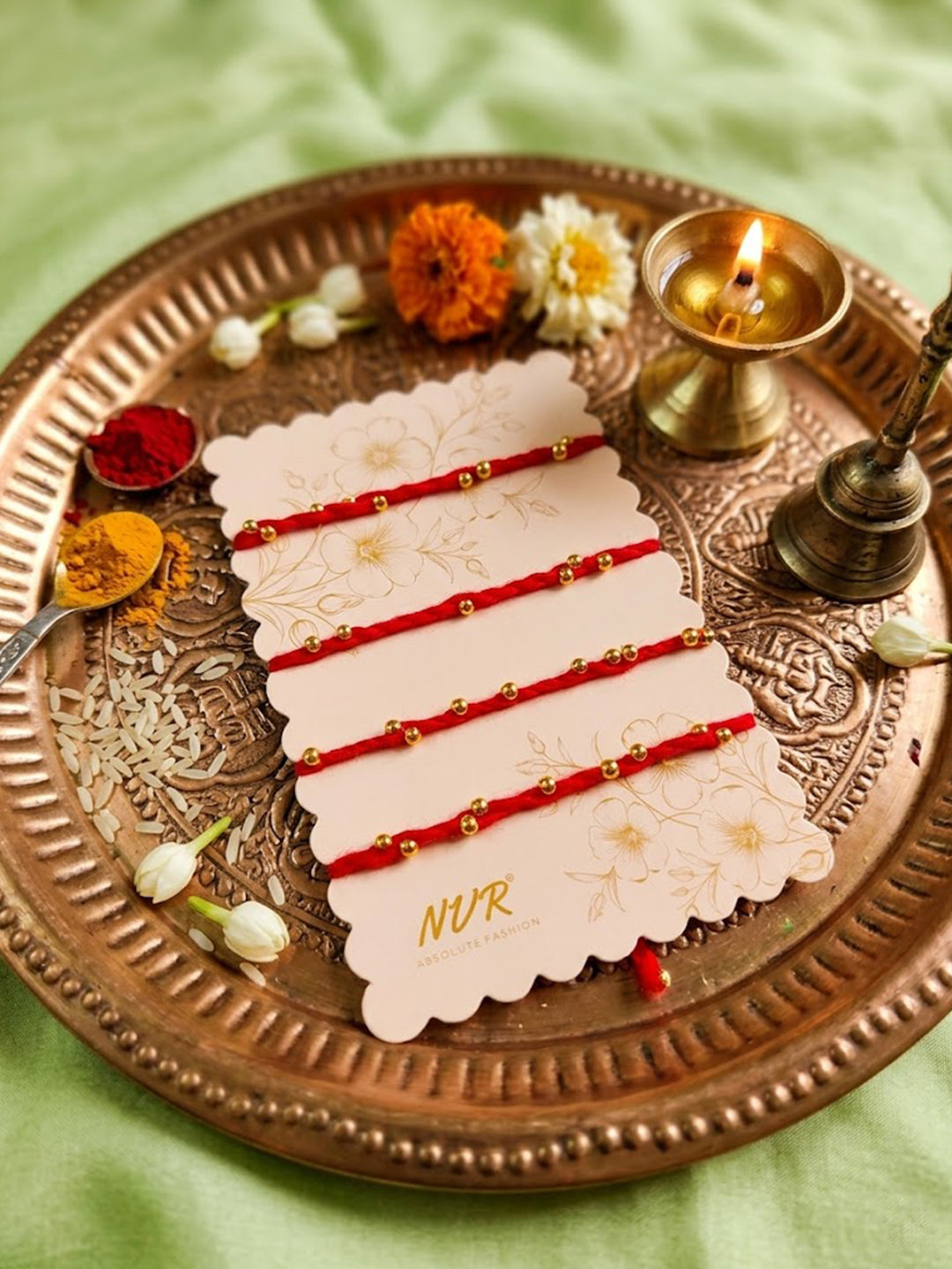 NVR Set of 4 Traditional Red Thread Rakhi With Roli Chawal Chandan Mishri - Dista