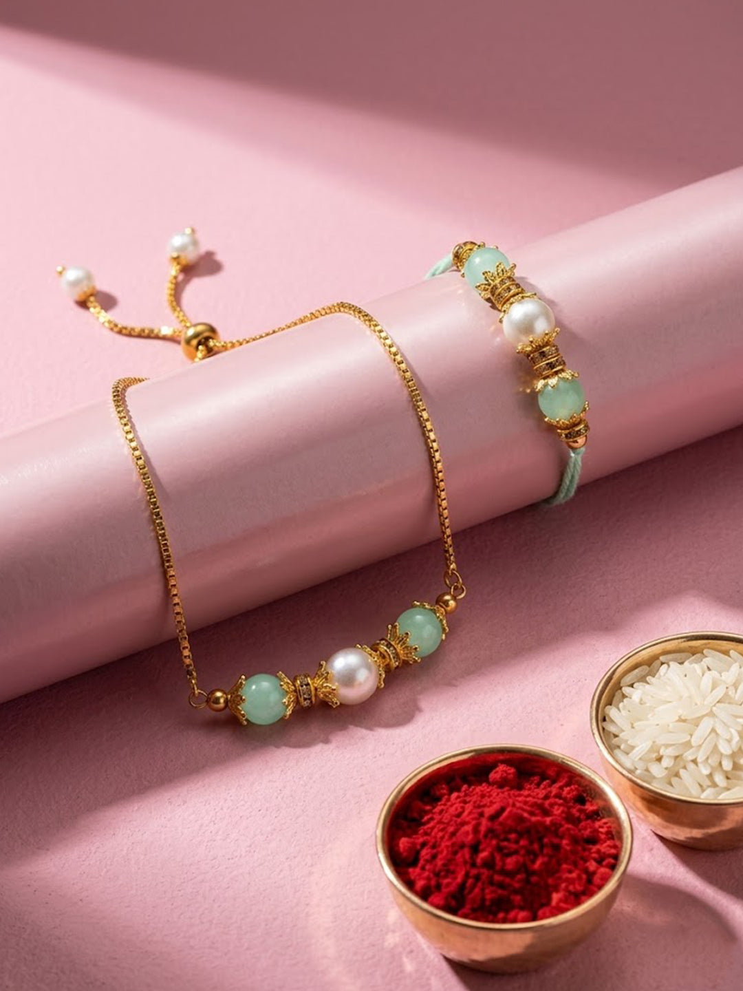 NVR Set of 2 Gold Toned Pearls & Artificial Beads Bhaiya Bhabhi Rakhi with Roli Chawal - Dista