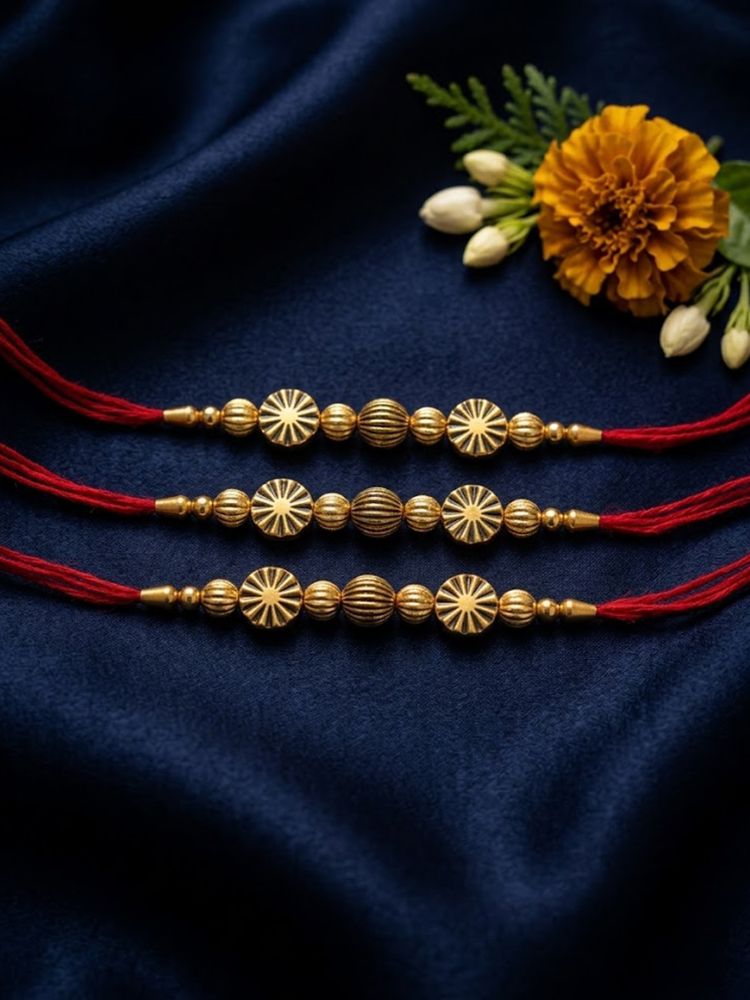 NVR Set of 3 Red & Gold Toned Artificial Stones & Beads Thread Rakhi With Roli Chawal - Dista
