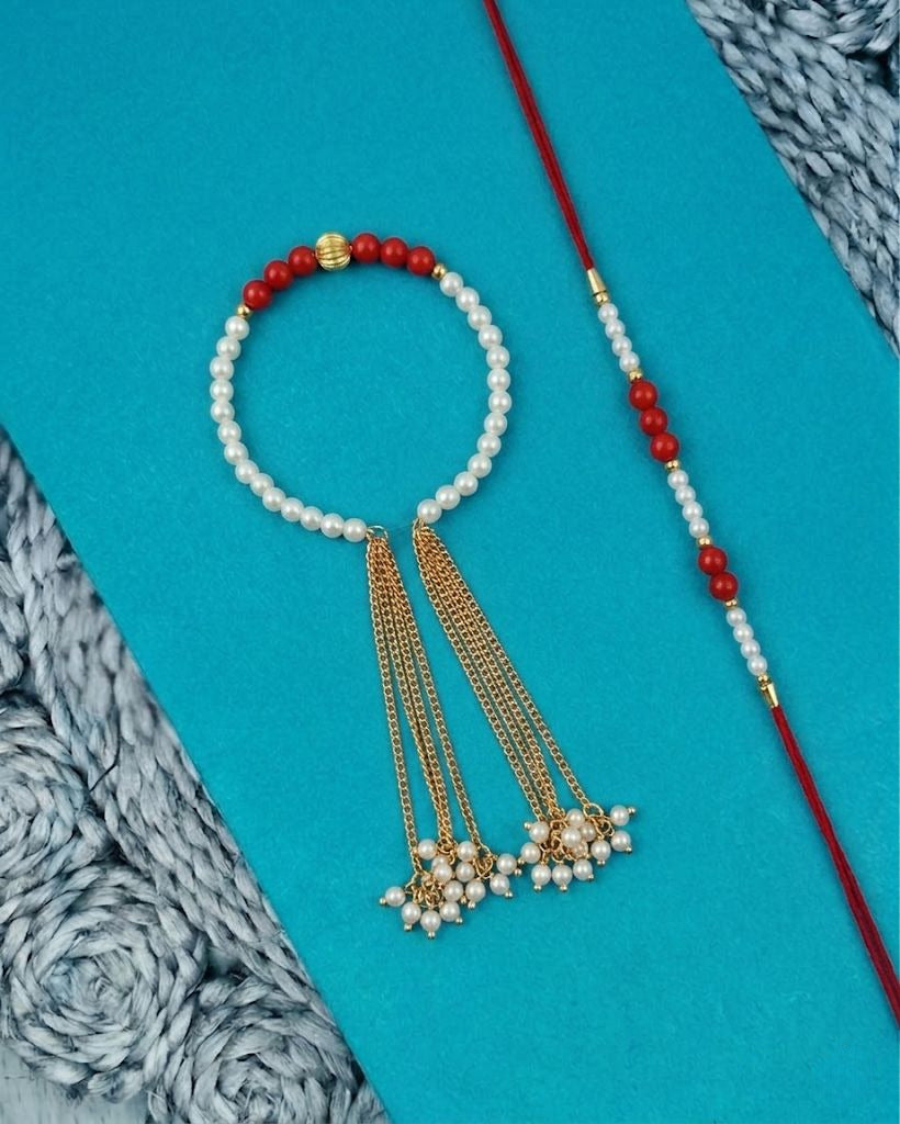 NVR Set of 2 White Pearls & Red Artificial Beads Bhaiya Bhabhi Rakhi with Roli Chawal - Dista