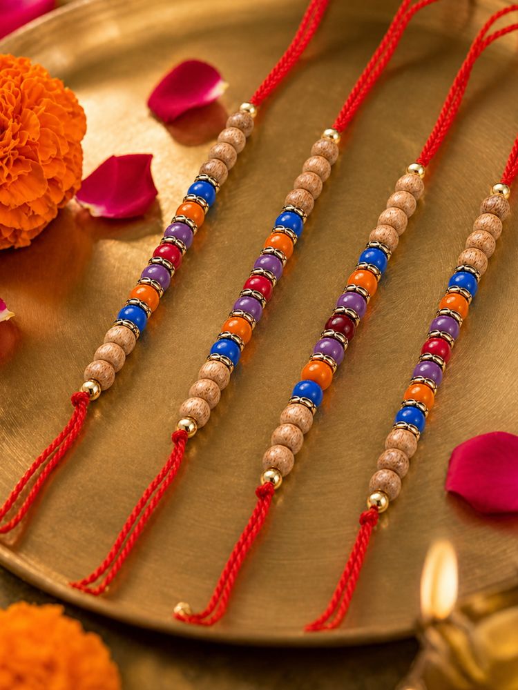 NVR Set of 4 Multicolor Circular Beads Studded Thread Rakhi with Roli Chawal Chandan - Dista