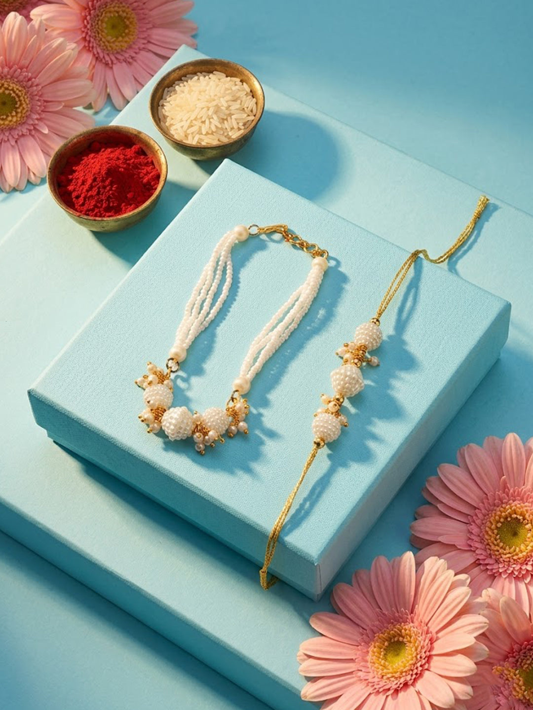 NVR Set of 2 Gold Toned & White Pearls Bhaiya Bhabhi Rakhi with Roli Chawal Chandan Mishri - Dista