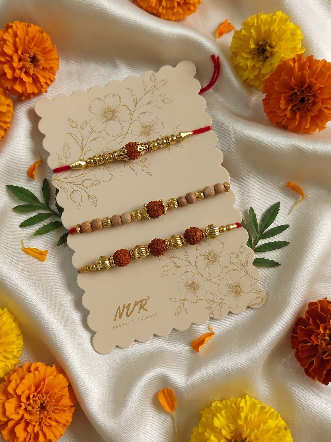 NVR Set of 3 Religious Rudraksh Red Thread Rakhi With Roli Chawal Chandan Mishri - Dista