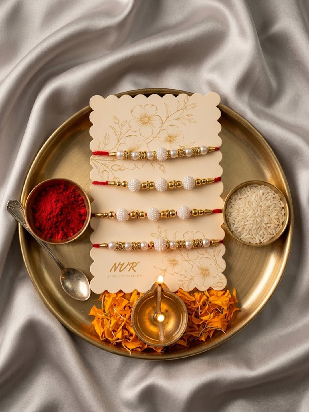 NVR Set of 4 White Pearls & Red Thread Rakhi With Roli Chawal Chandan Mishri - Dista
