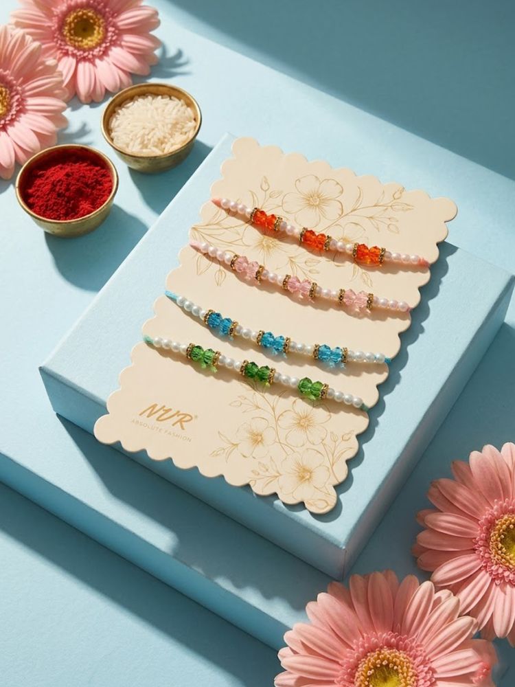 NVR Set of 4 White Pearls & Multicolor Thread Rakhi With Roli Chawal Chandan Mishri - Dista