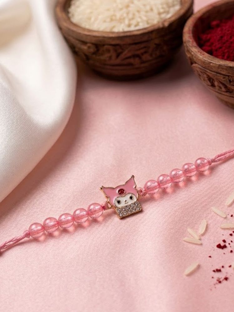 NVR Pink Transparent Beaded Cartoon Character Kids Rakhi with Roli Chawal Chandan Mishri - Dista