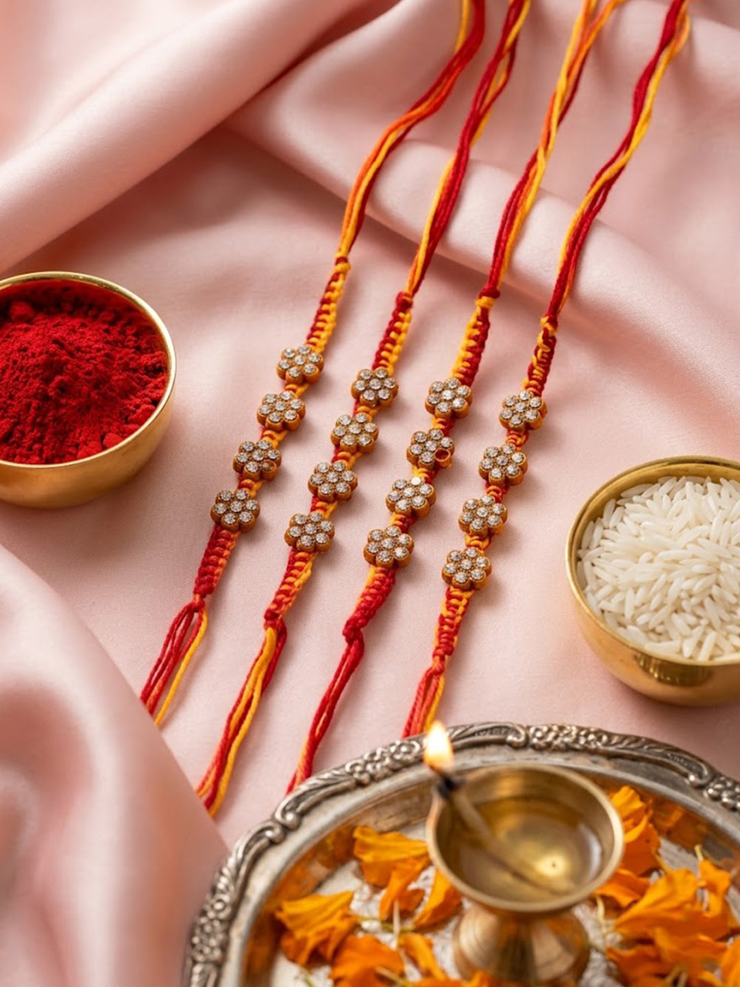 NVR Set of 4 Artificial Stones Floral Design Thread Rakhi with Roli Chawal Chandan Mishri - Dista