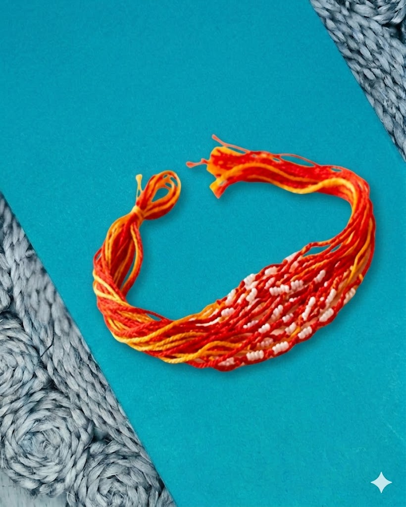NVR Set of 6 Red & Yellow Thread Rakhi with Roli Chawal Chandan Mishri - Dista