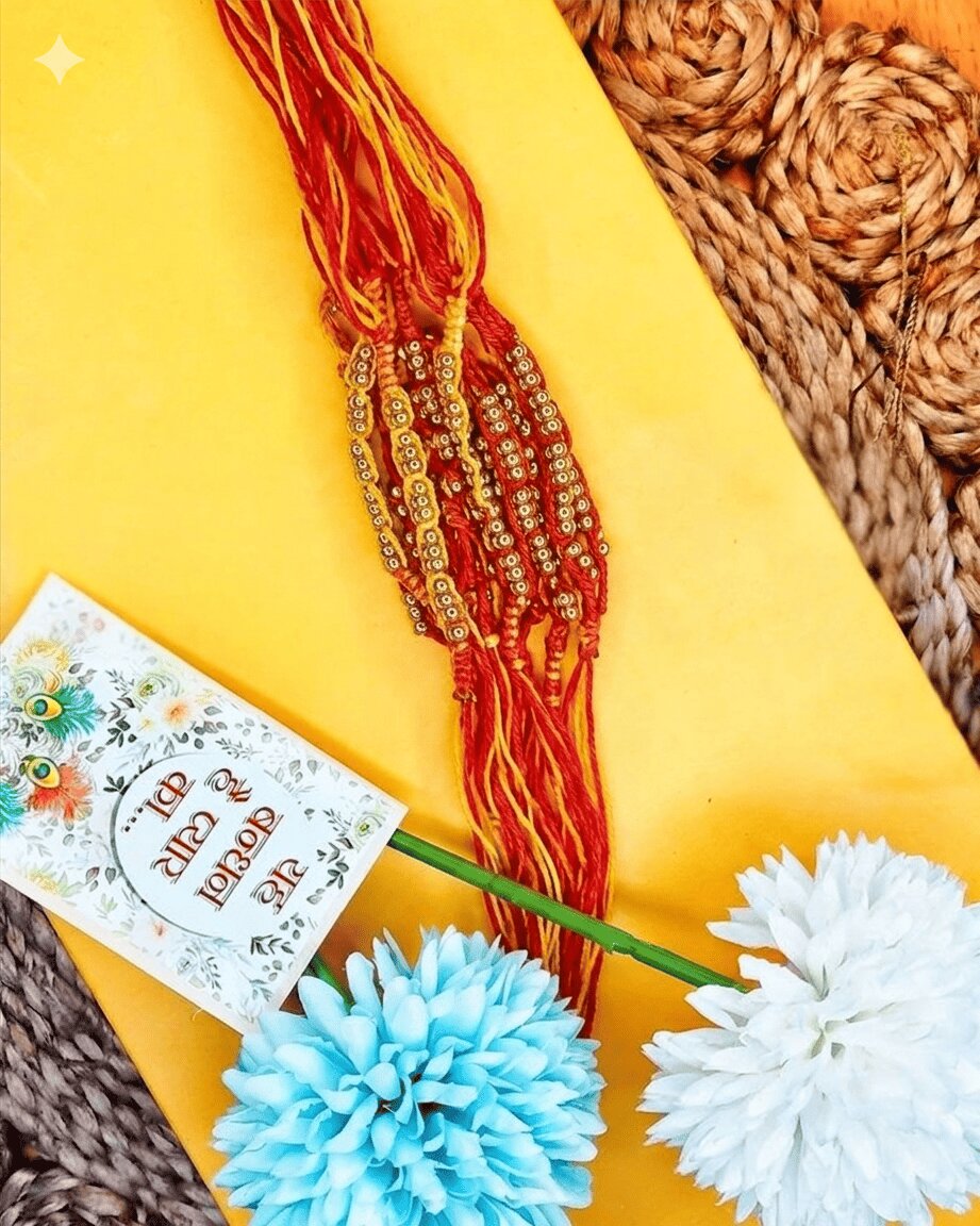 NVR Set of 6 Yellow & Red Thread Rakhi with Roli Chawal Chandan Mishri - Dista