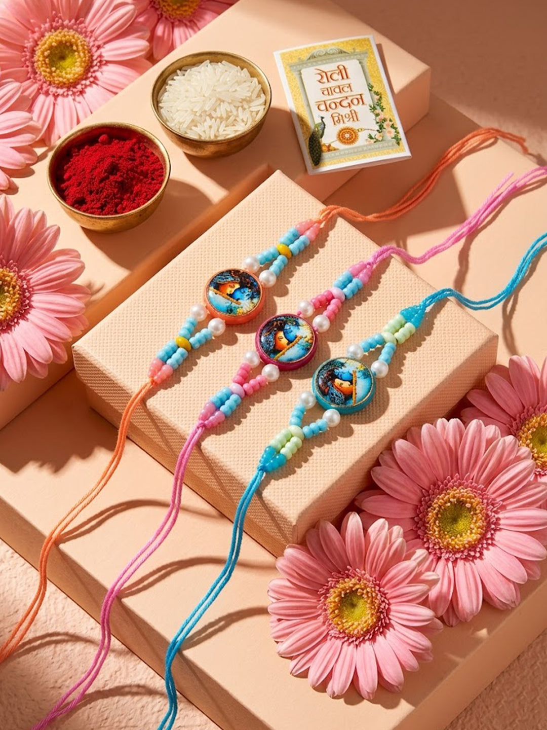 NVR Set of 3 Radha Krishna Thread Rakhi with Roli Chawal Chandan Mishri - Dista