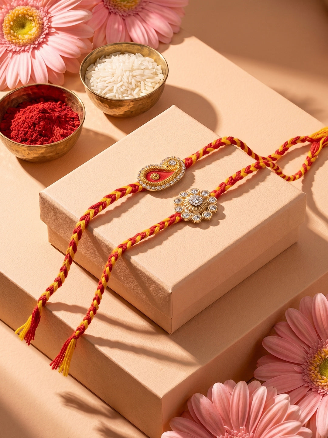 NVR Set of 2 Gold & Red Thread & Kundan Rakhi with Roli Chawal Chandan Mishri - Dista
