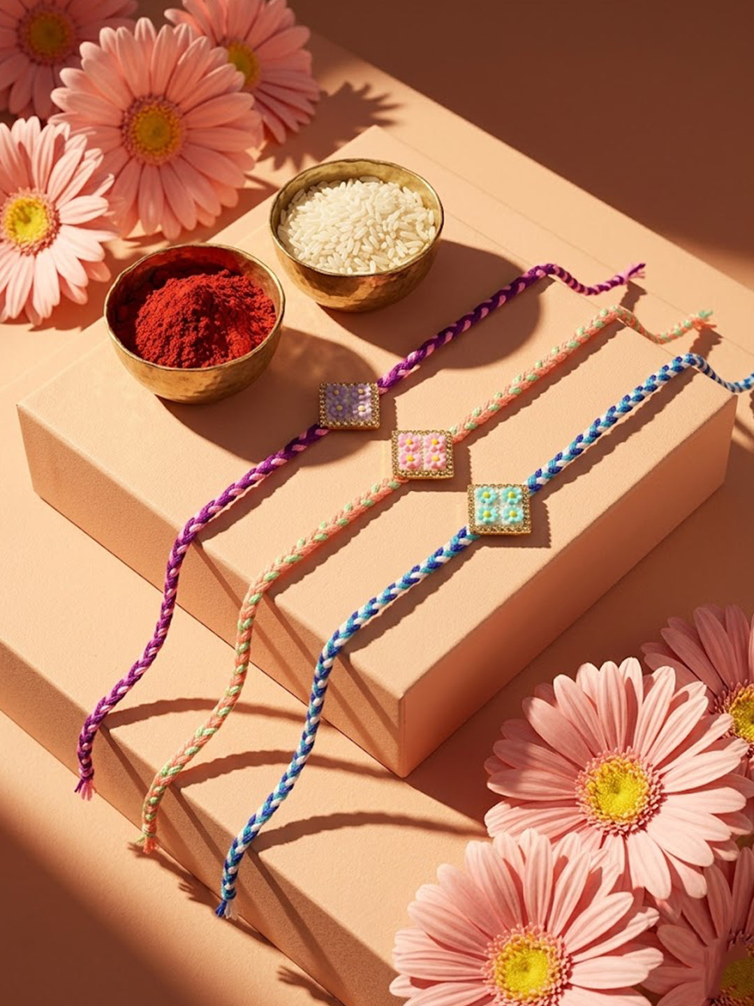 NVR Set of 3 Multicolor AD Thread Rakhi with Roli Chawal Chandan Mishri - Dista