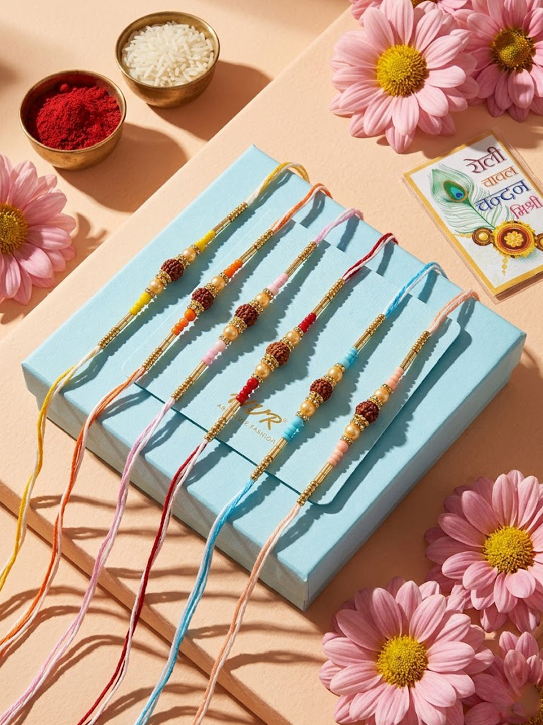 NVR Set of 6 Rudraksh & Artificial Beads Thread Rakhi with Roli Chawal Chandan Mishri - Dista