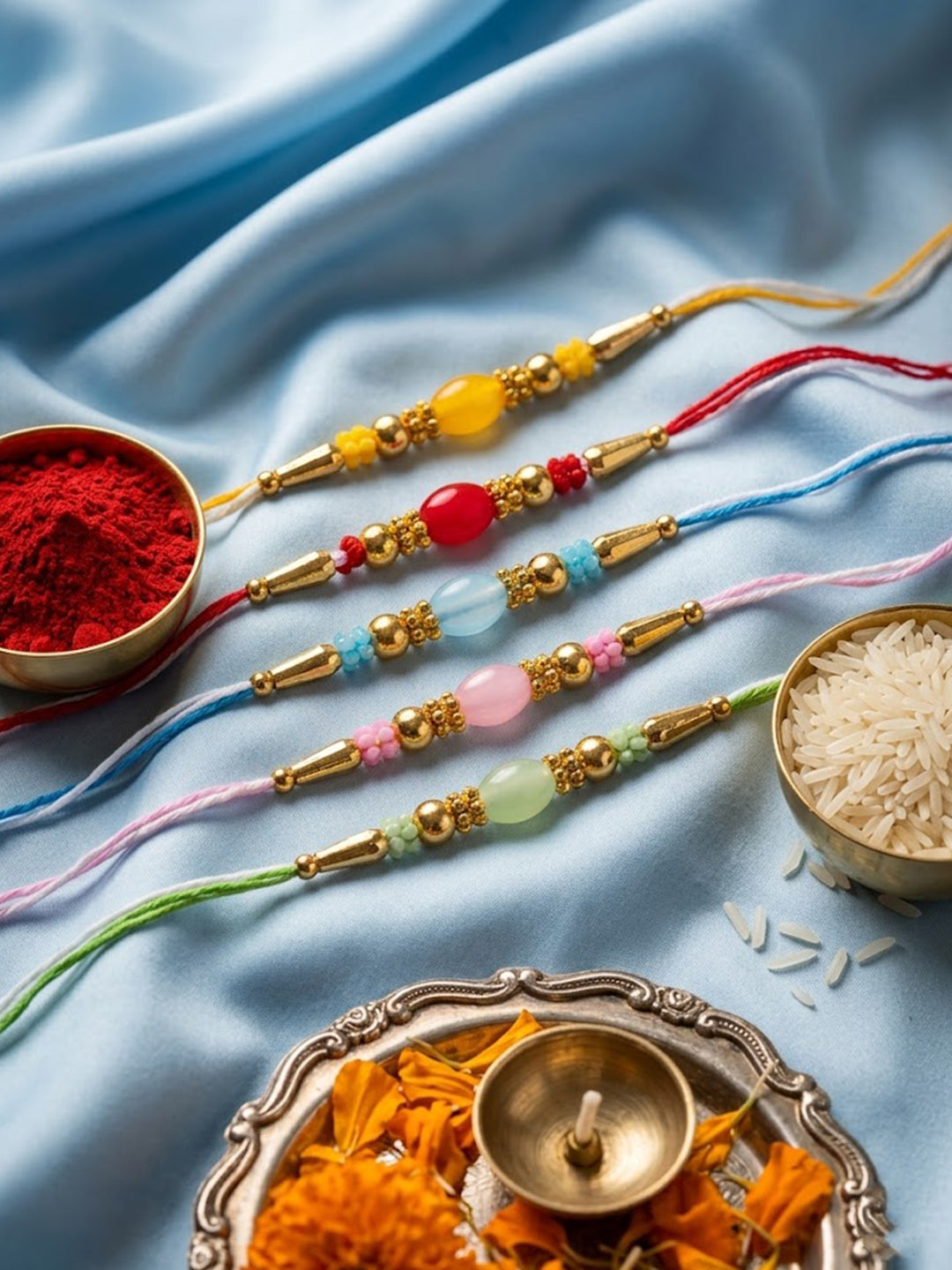 NVR Set of 5 Multi Artificial Beads Thread Rakhi with Roli Chawal Chandan Mishri - Dista