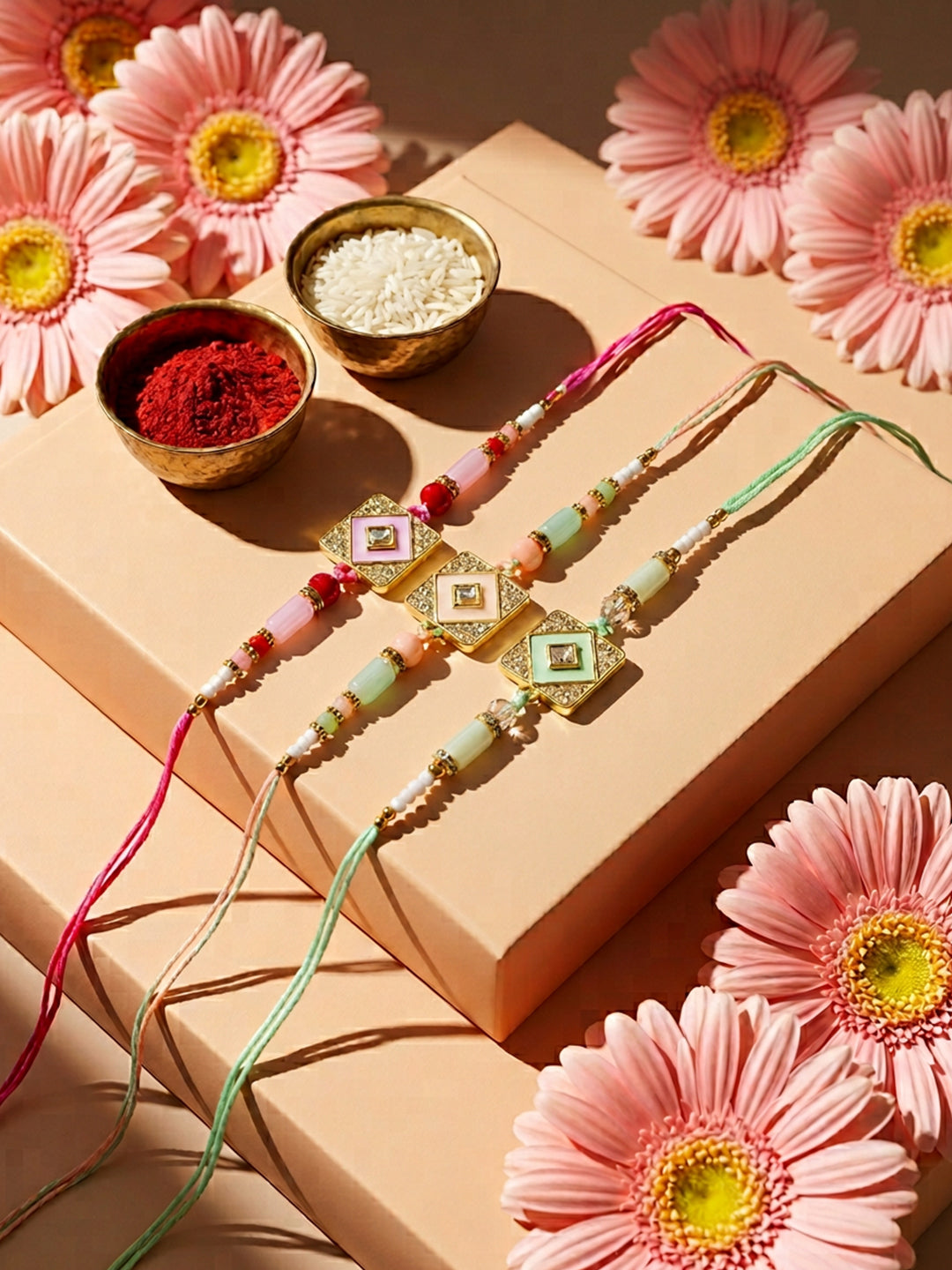 NVR Set of 3 Multicolor AD Thread Rakhi with Roli Chawal Chandan Mishri - Dista