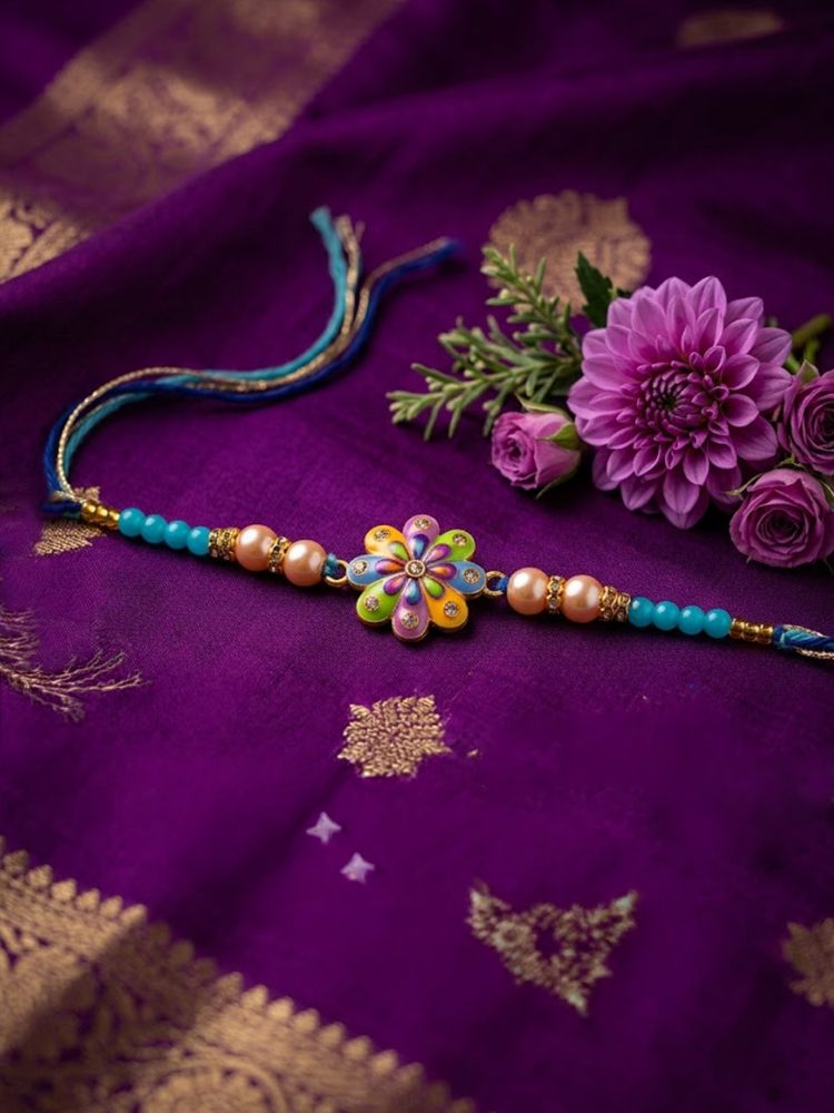 NVR Artificial Beads Flower Shape Multicolor Thread Rakhi with Roli Chawal Chandan Mishri - Dista