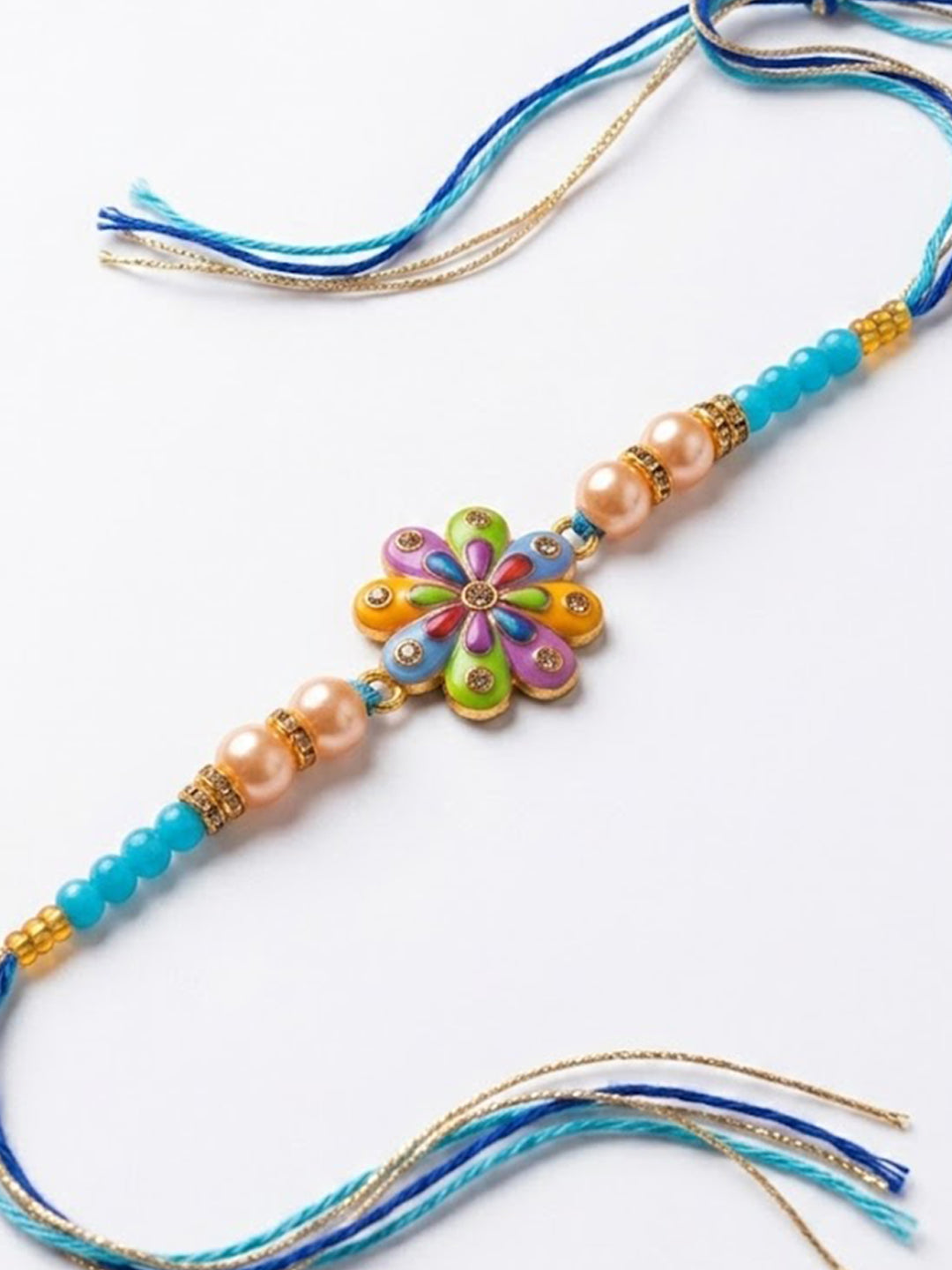 NVR Artificial Beads Flower Shape Multicolor Thread Rakhi with Roli Chawal Chandan Mishri - Dista