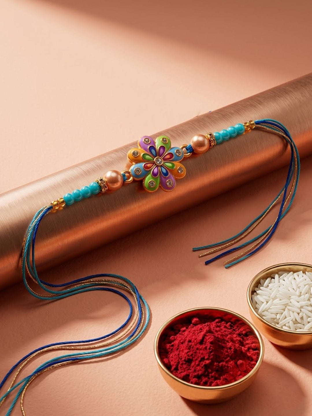 NVR Artificial Beads Flower Shape Multicolor Thread Rakhi with Roli Chawal Chandan Mishri - Dista