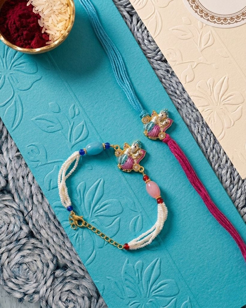 NVR Set of 2 Artificial Beads Radha Krishna Bhaiya Bhabhi Rakhi with Roli Chawal Chandan - Dista