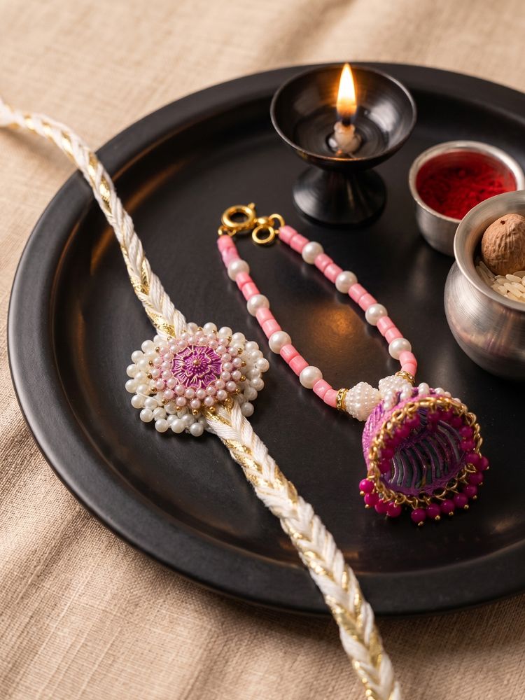NVR Set of 2 Floral Perals Jhumka Design Bhaiya Bhabhi Rakhi with Roli Chawal Chandan - Dista