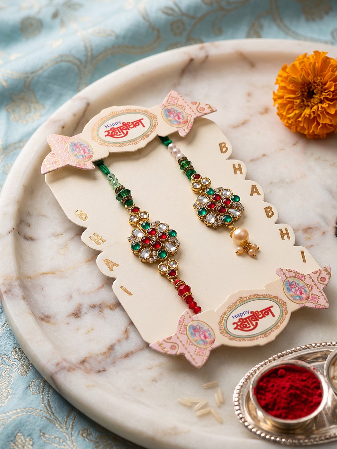 NVR Set of 2 Floral Design Kundan Studded Bhaiya Bhabhi Rakhi With Roli Chawal Chandan - Dista